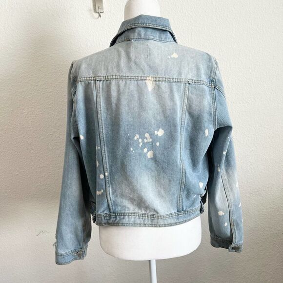 ACTIVE USA Denim Light Wash Distressed Paint Splatter Trashed Blue Jean Jacket L - Picture 3 of 6